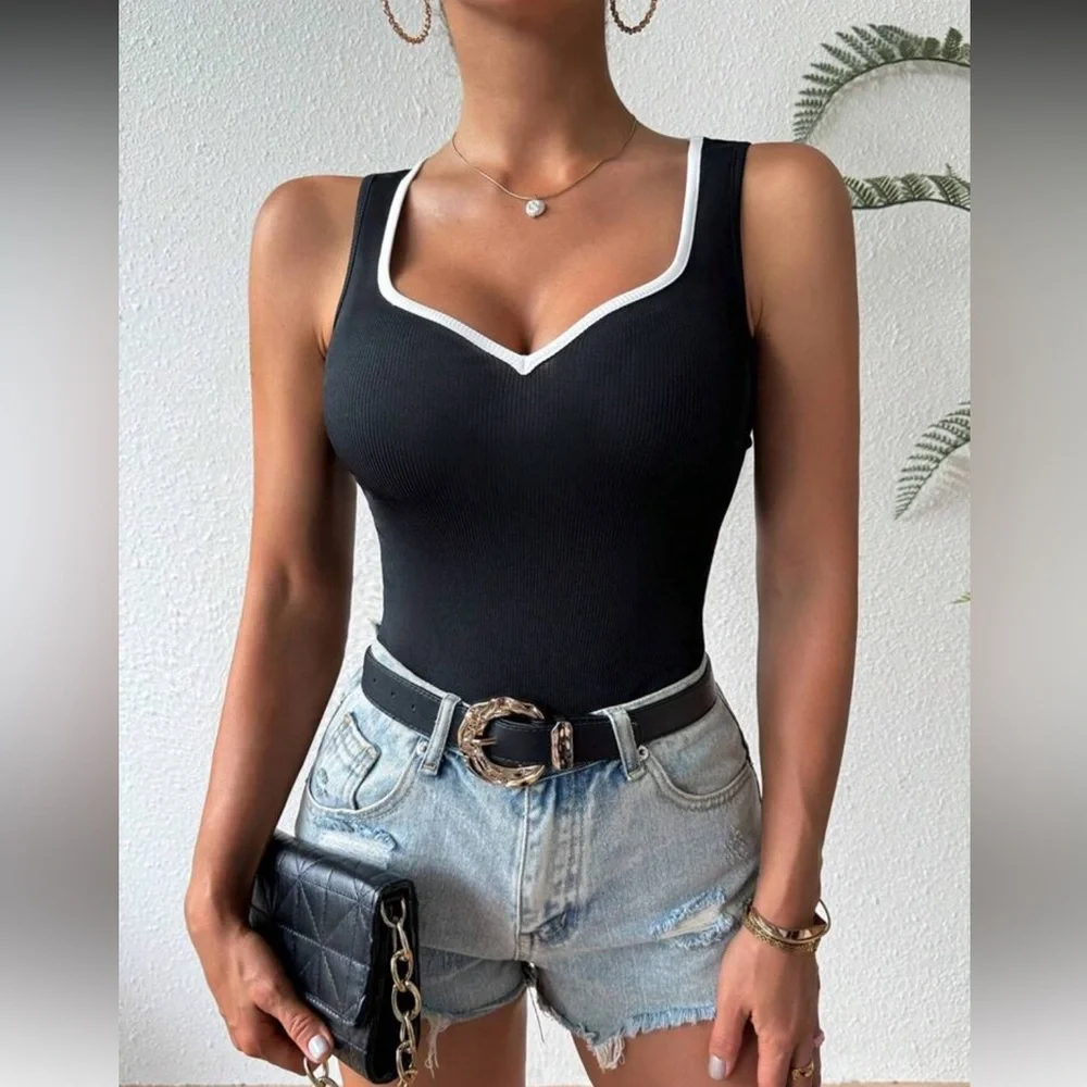 White and Black Trim Sleeveless Top